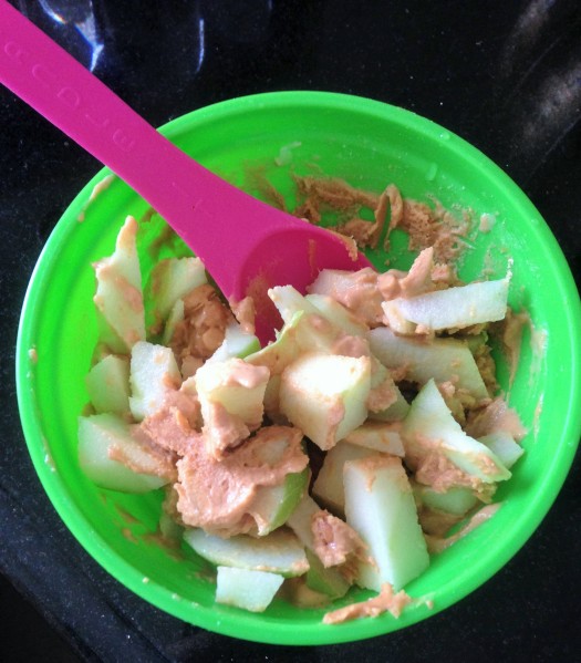 diced apple with peanut butter